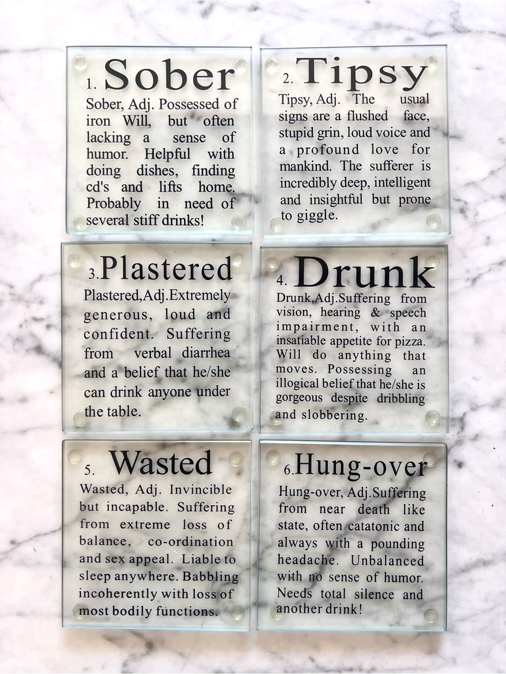NEW! (6) Glass Drink Coasters - The Stages of Drinking Funny Gag Gift